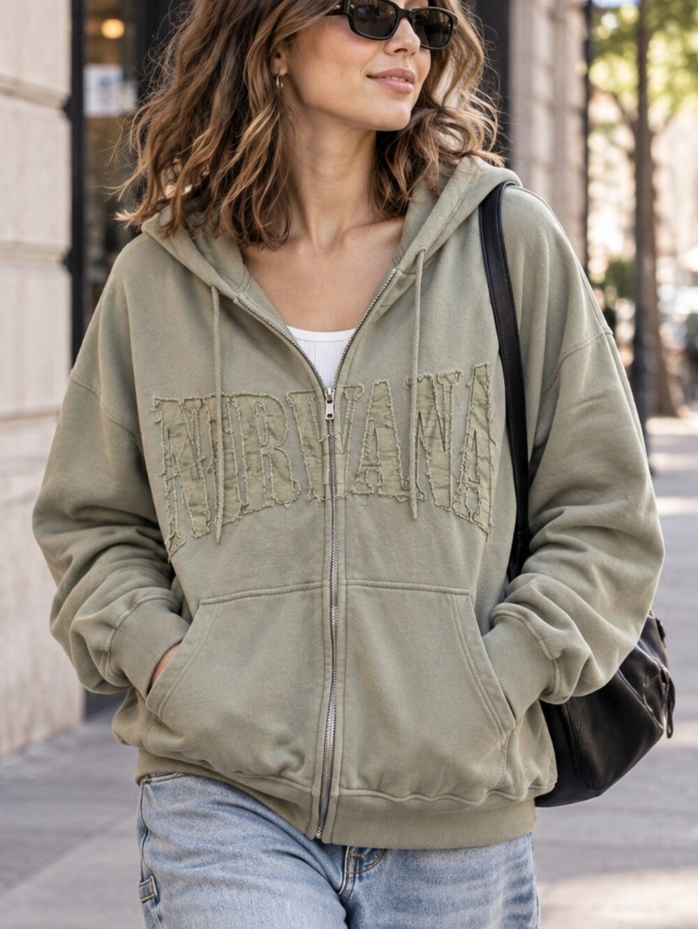 H&M Divided Nirvana Sage Green Zip Front Graphic Hoodie Jacket Size L